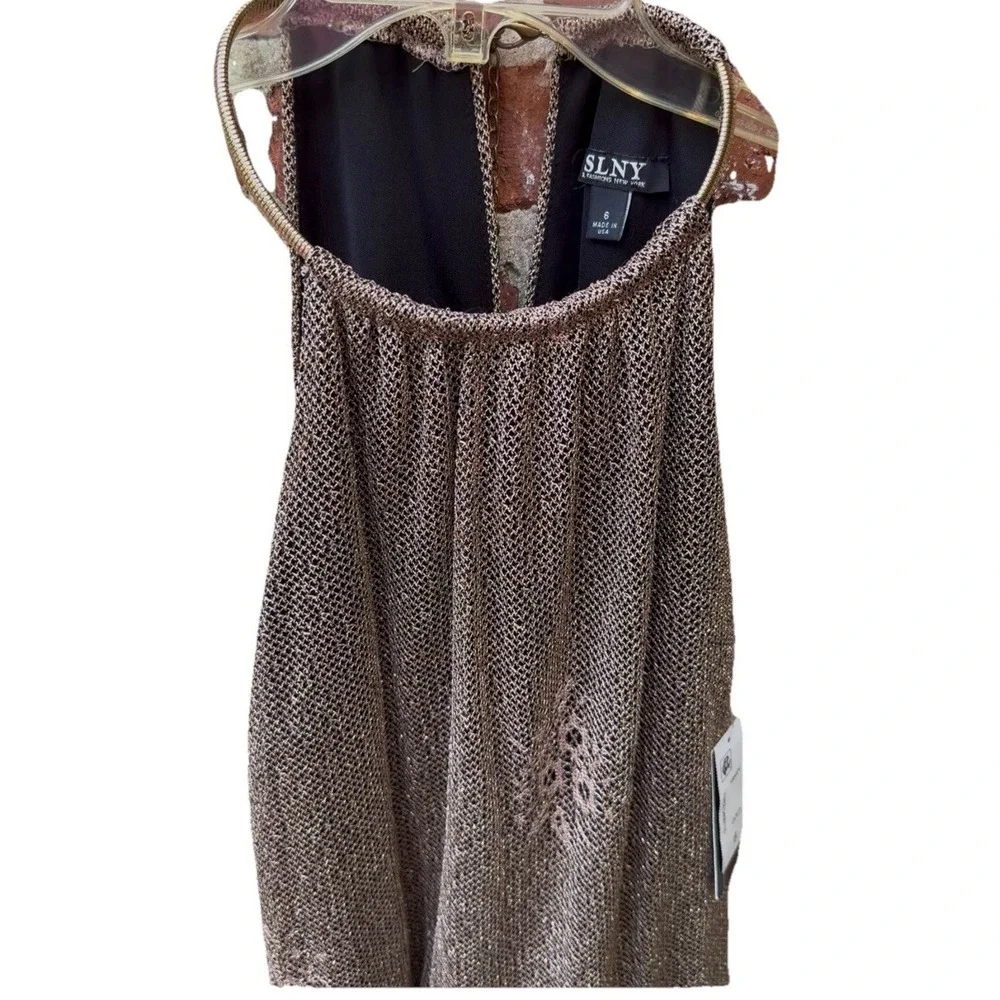 S.L. FASHIONS Women's Blouson  Halter Crochet Dress Flapper Fringe Sz 6 Gold NEW